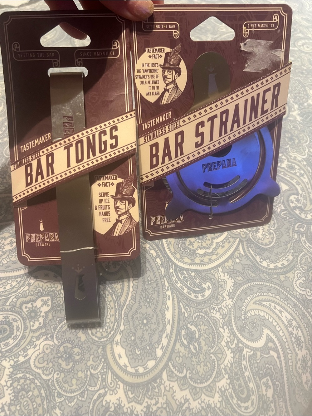 Prepara  2 Piece Stainless Steel Barware, Bar Tongs & Bar Strainer, new in pkg.